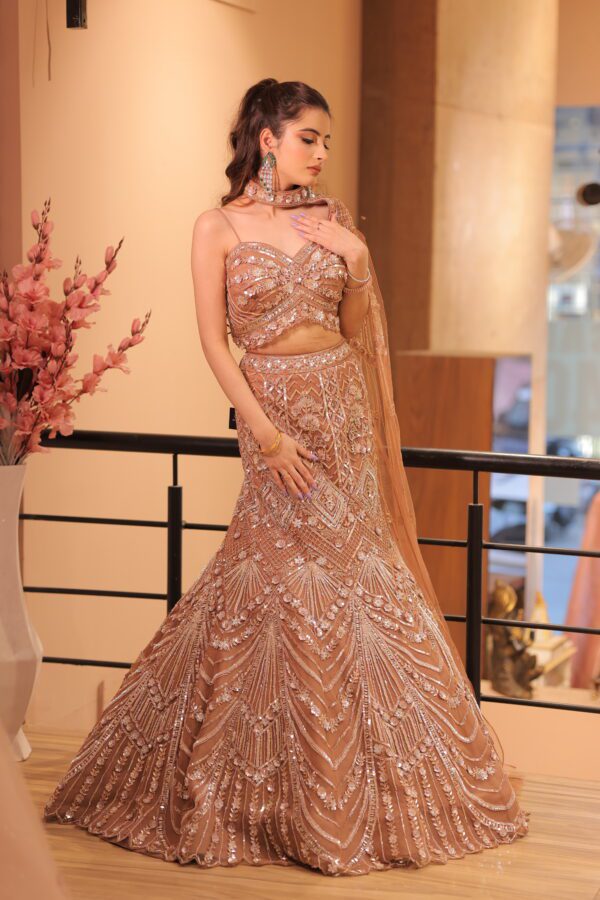 rust fish cut side cape lehenga