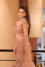 rust fish cut side cape lehenga