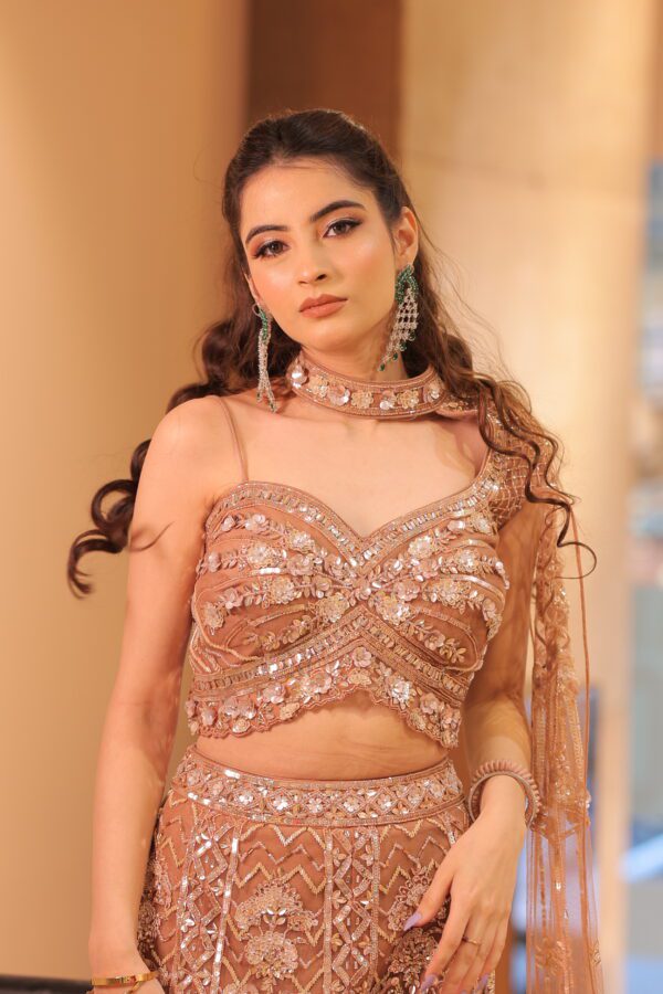 rust fish cut side cape lehenga