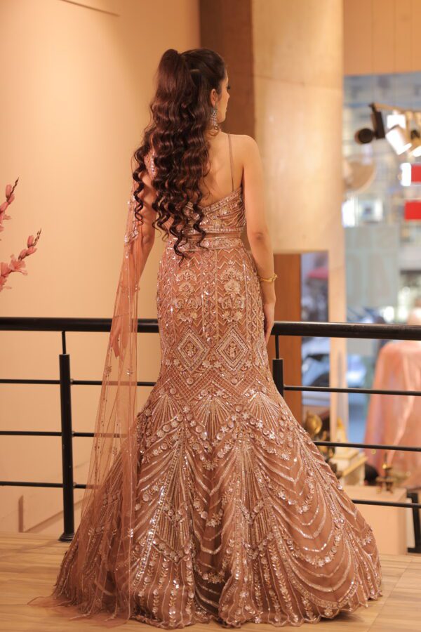 rust fish cut side cape lehenga