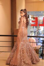 rust fish cut side cape lehenga