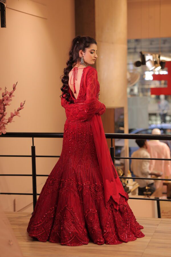 cherry red fish cut heavy lehenga