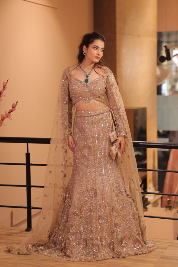 heavy gold fish cut lehenga