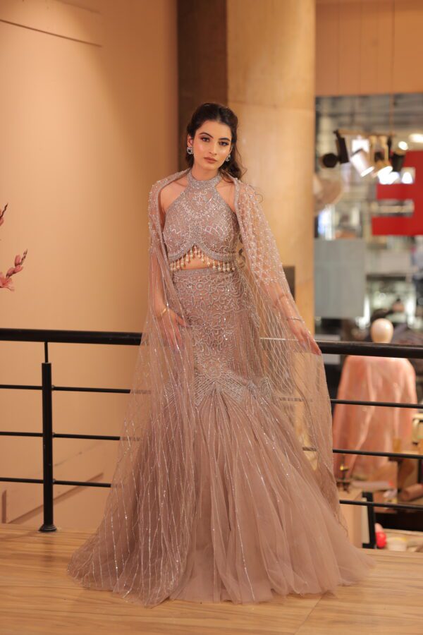mauve fish cut cape lehenga