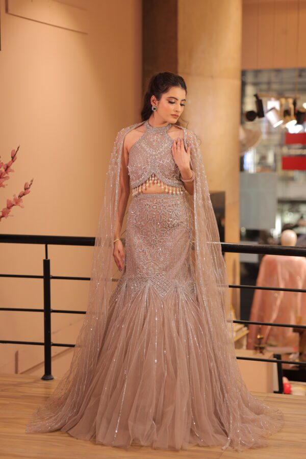 mauve fish cut cape lehenga