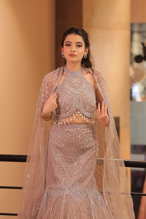 mauve fish cut cape lehenga