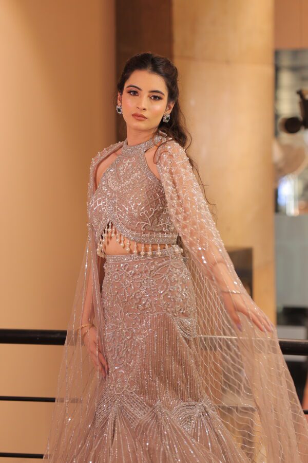 mauve fish cut cape lehenga