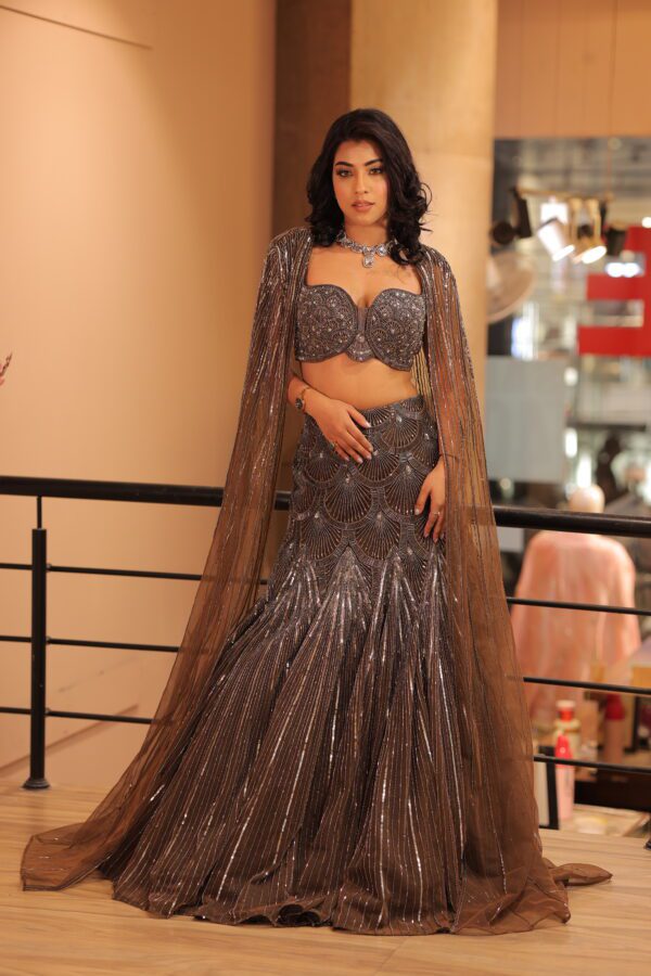 heavy fish cut lehenga with cape