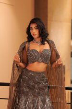 heavy fish cut lehenga with cape