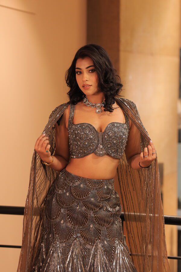 heavy fish cut lehenga with cape