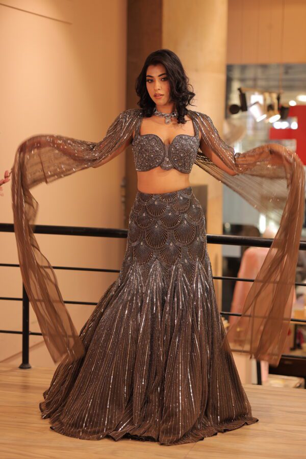 heavy fish cut lehenga with cape