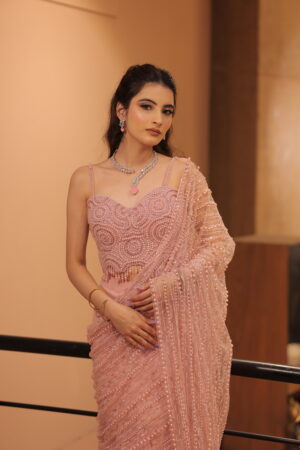pink heavy pearl work drape saree