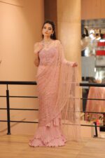 pink heavy pearl work drape saree