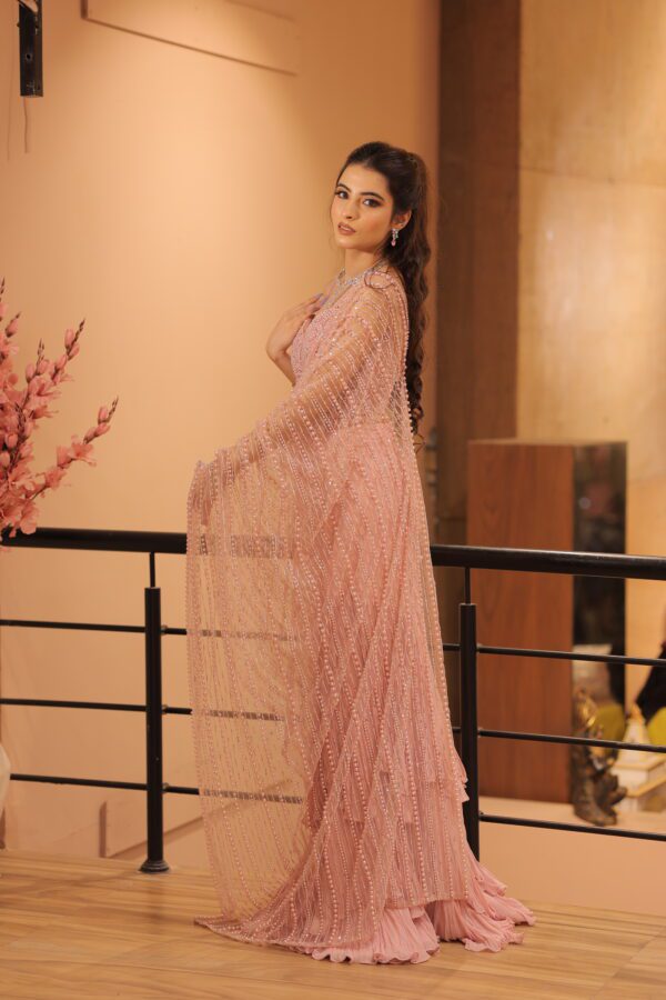 pink heavy pearl work drape saree