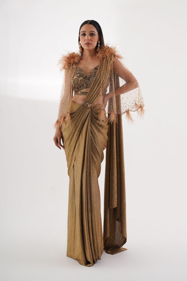 Golden cape Pre drape saree
