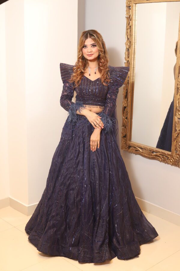 power shoulder full sleeves lehenga