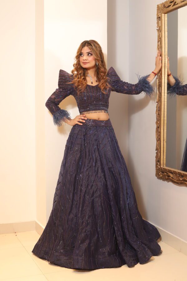 power shoulder full sleeves lehenga