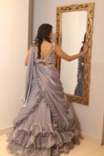 Ice blue ruffle drape lehenga