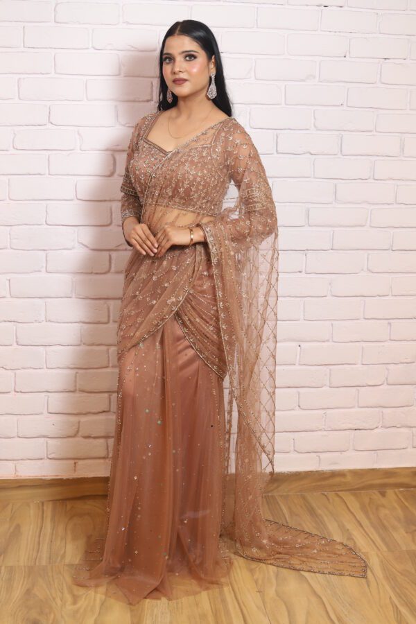 Nude brown drape saree with open palla