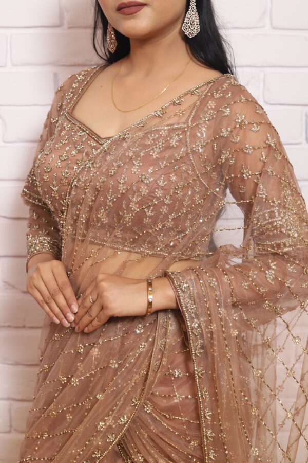 Nude brown drape saree with open palla