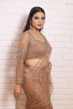 Nude brown drape saree with open palla