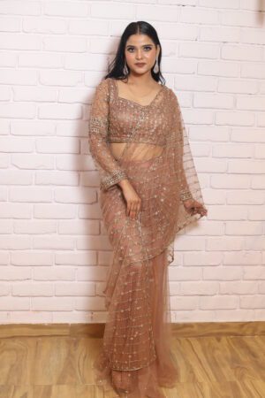Nude brown drape saree with open palla