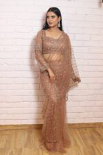 Nude brown drape saree with open palla