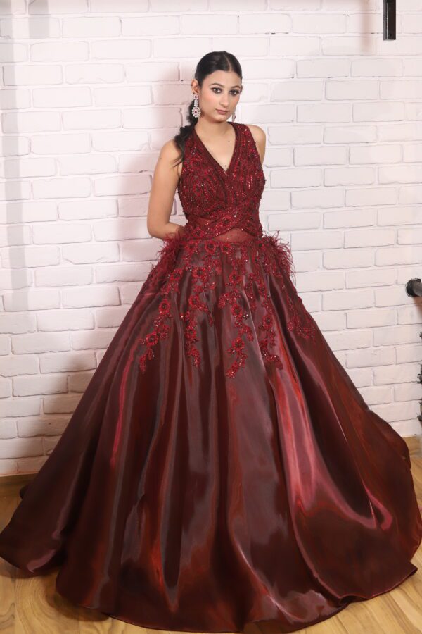 Cherry red mash ball gown with 3D work