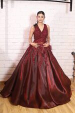 Cherry red mash ball gown with 3D work