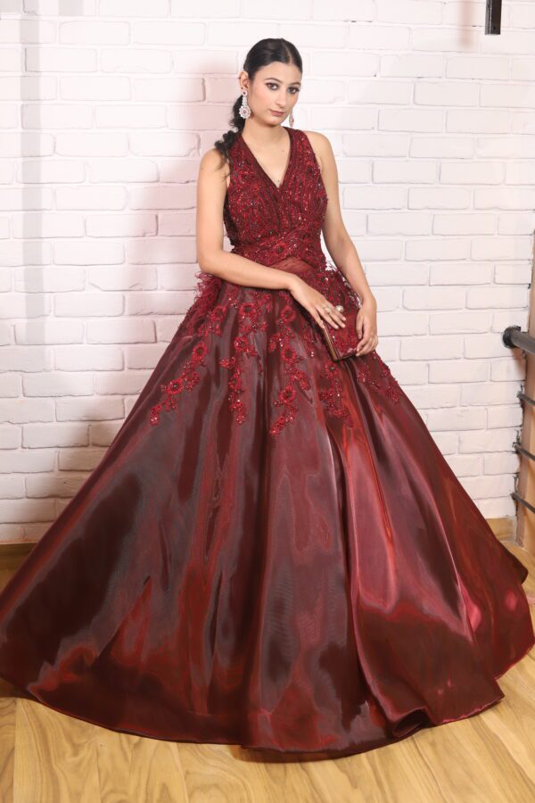 Cherry red mash ball gown with 3D work