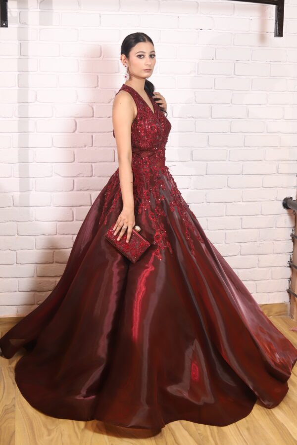 Cherry red mash ball gown with 3D work