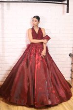 Cherry red mash ball gown with 3D work