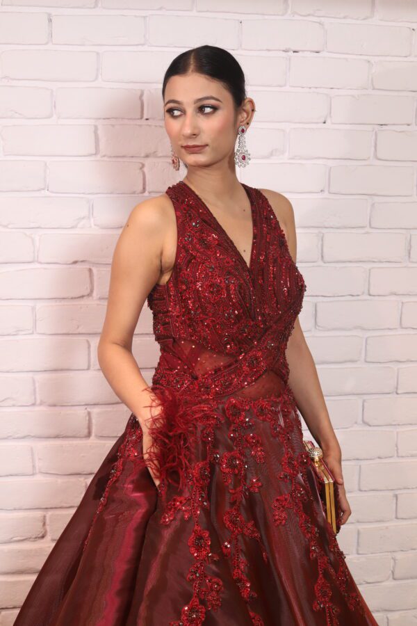 Cherry red mash ball gown with 3D work