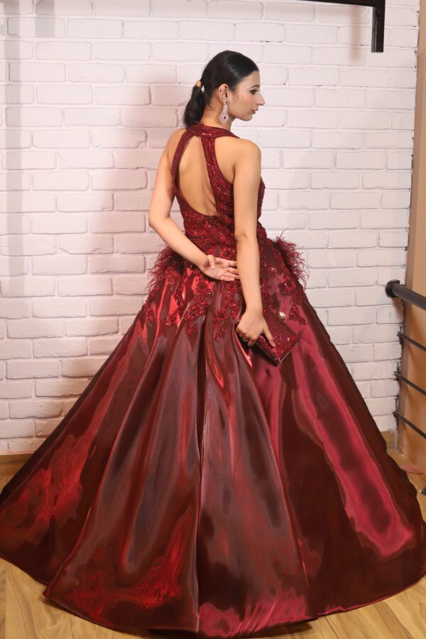 Cherry red mash ball gown with 3D work