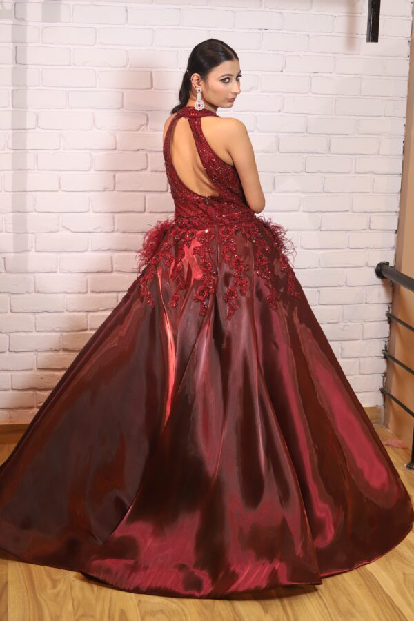 Cherry red mash ball gown with 3D work
