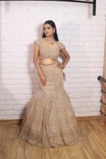 Beige gold fish cut lehenga with dupatta