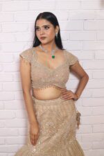 Beige gold fish cut lehenga with dupatta