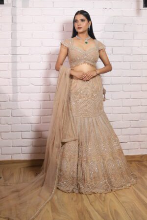 Beige gold fish cut lehenga with dupatta