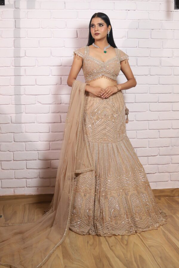 Beige gold fish cut lehenga with dupatta
