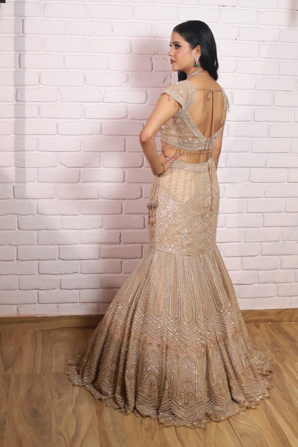 Beige gold fish cut lehenga with dupatta