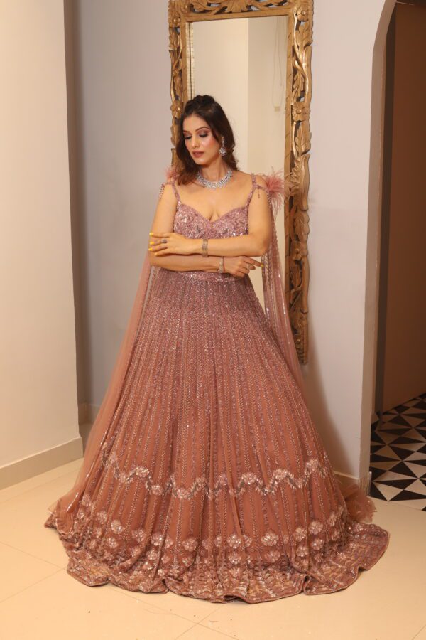 onion pink heavy bell sleeves lehenga