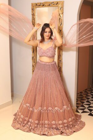onion pink heavy bell sleeves lehenga
