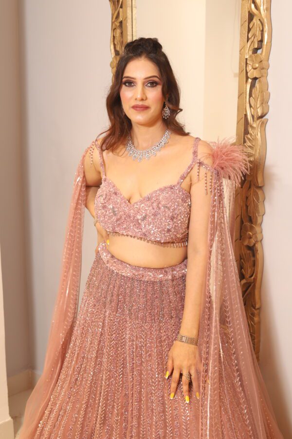 onion pink heavy bell sleeves lehenga