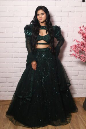 bottle green power shoulder lehenga