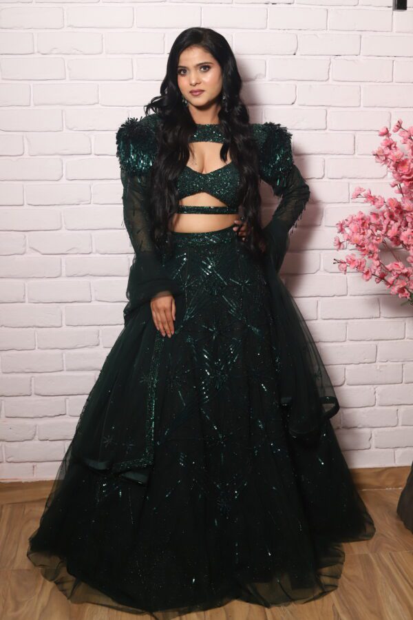 bottle green power shoulder lehenga