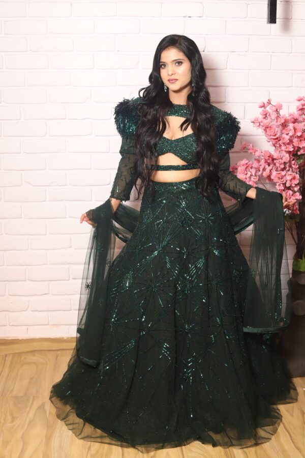 bottle green power shoulder lehenga