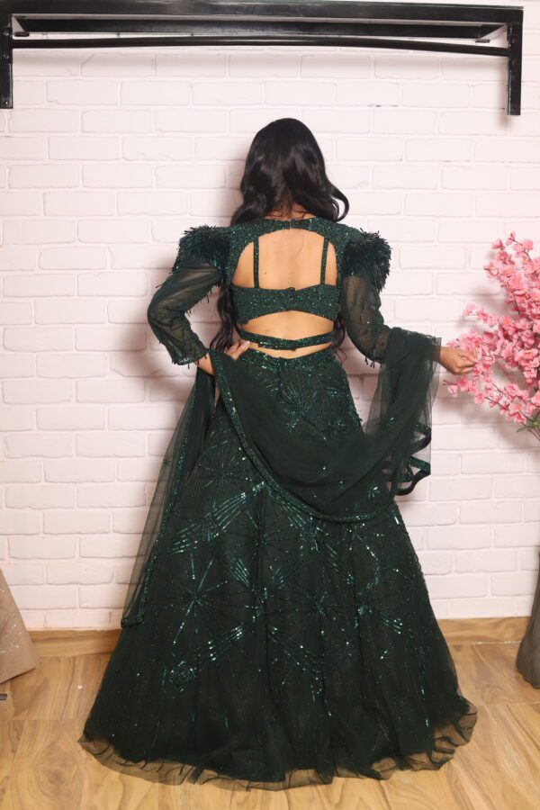 bottle green power shoulder lehenga