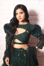 bottle green power shoulder lehenga