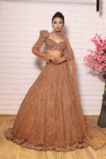 cocoa brown one side shoulder cape lehenga