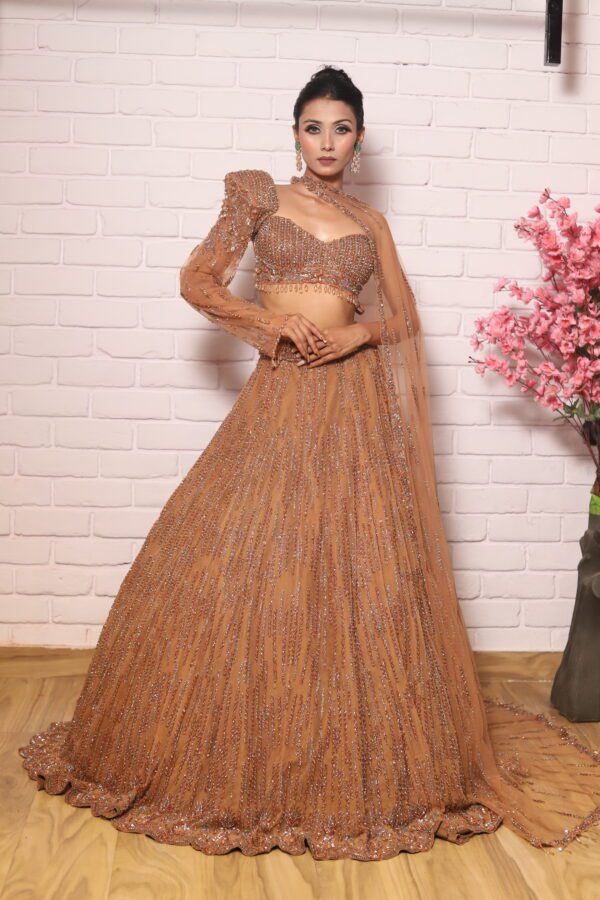 cocoa brown one side shoulder cape lehenga